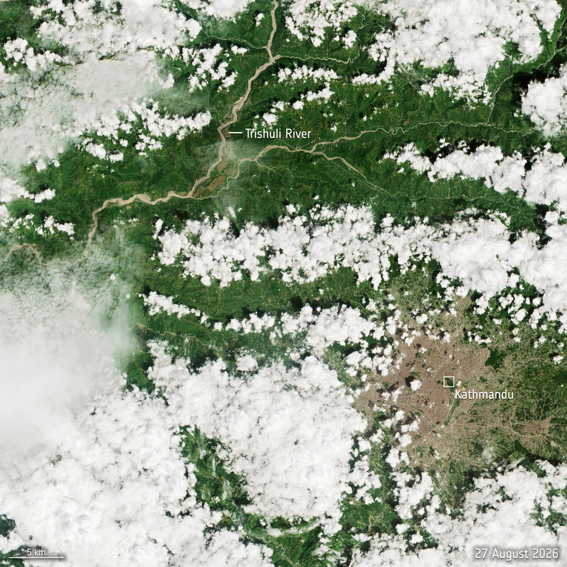 Sentinel-2 natural-colour image from August 27, 2026, showing the expanded muddy Trishuli River after the disaster.